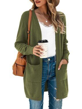 Women's Army Green Fall Fashion Outfits Pockets Long Sleeve Cardigan Sweaters